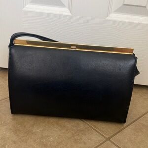 Vintage Structured Blue Leather Shoulder Bag with Gold Frame